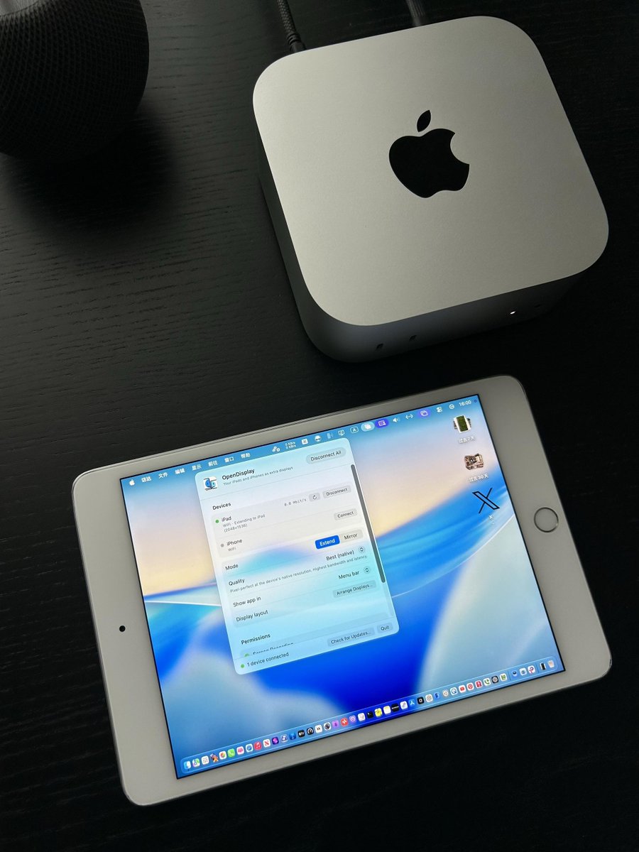 An iPad running OpenDisplay beside a Mac mini, the app's device panel open showing Extend and Mirror options